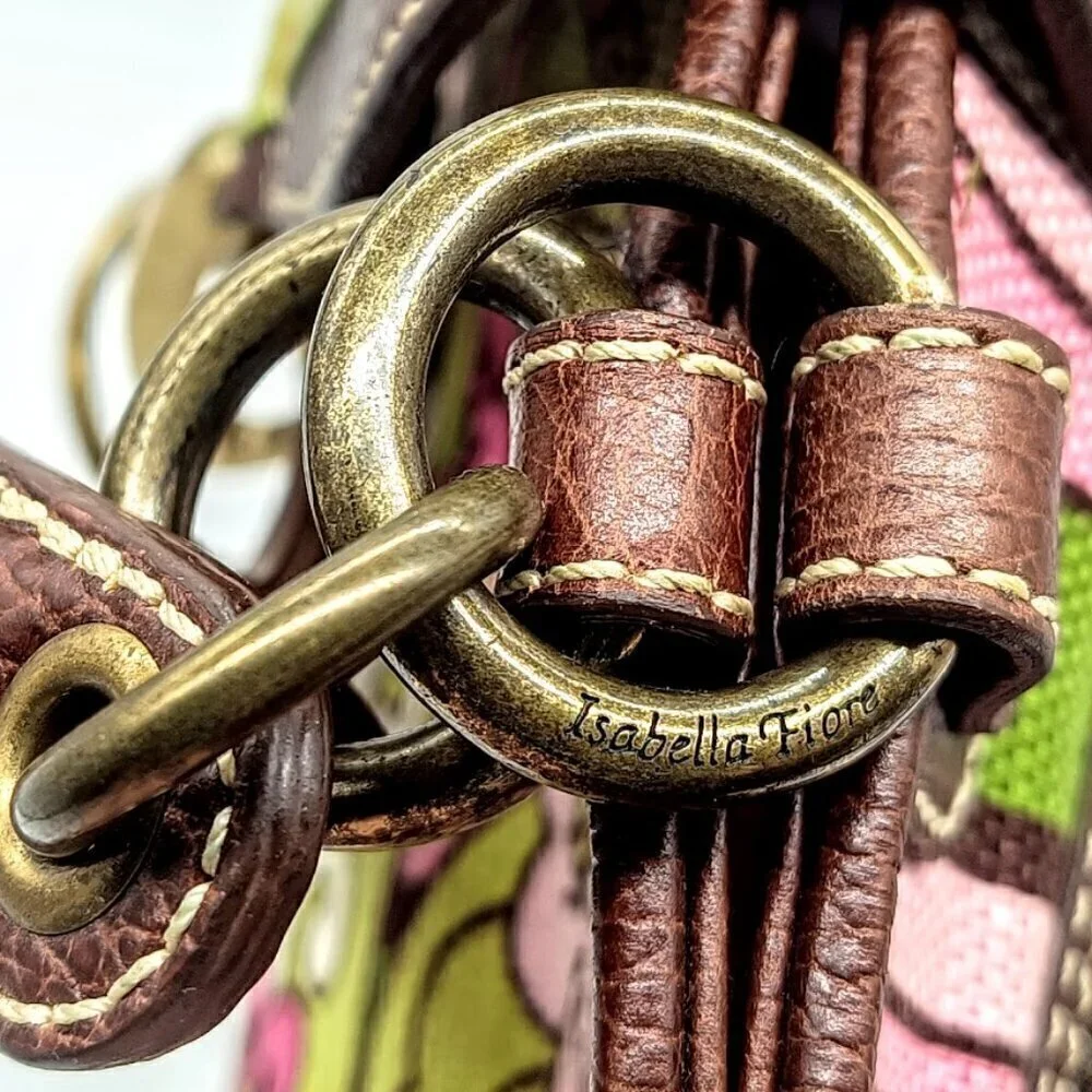 Isabella Fiore Pink Green Floral Canvas Brown Pebbled Leather Trim Bag